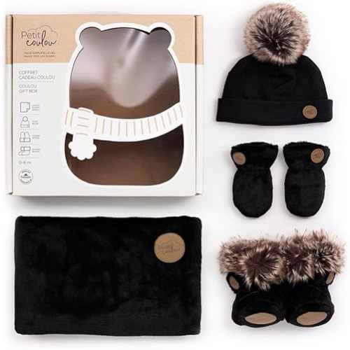 PETIT COULOU Baby Gift Box 0-6 Months - Keep your Newborn Warm and Cozy with our Deluxe Accessories Bundle for Babies - Including Booties, Cotton Beanie, Soft Blanket and Pair of Mittens (Onyx)
