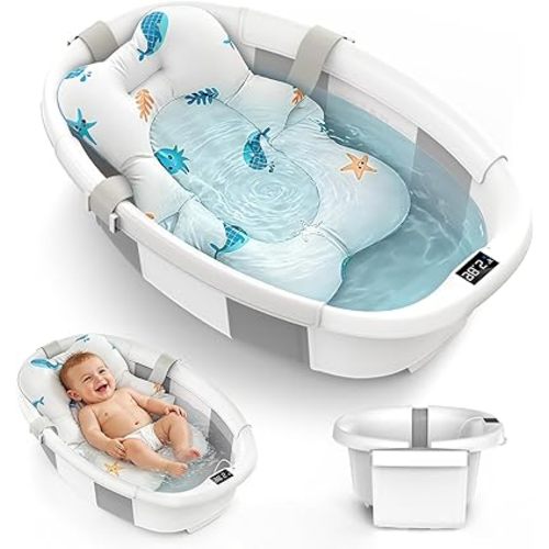 Collapsible Baby Bathtub for Newborn to Toddlers 0-36 Months, Large Baby Tub with Thermometer & Cushion, Easy Setup Foldable Travel Infant Bathtub, Newborn Babies Boy Girl Bath Tubs Grey