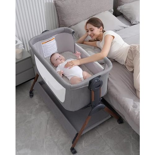 Baby Bassinet - Bassinet Bedside Sleeper,3-in-1 Bedside Bassinets for Baby,Rocking Bassinet with Comfy Mattress,Wheels,Breathable Mesh& Storage,6 Height Adjustable Crib,ASTM Certified(Grey)