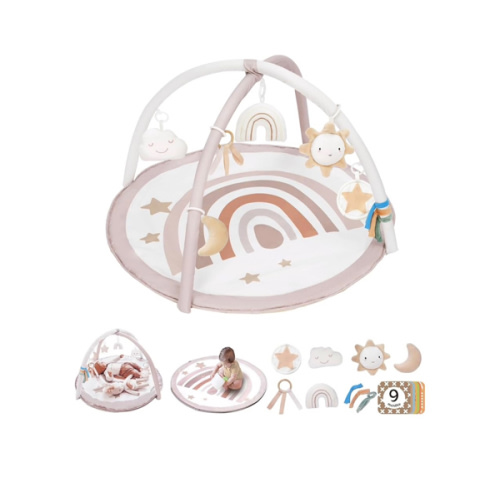 Baby Play Gym Mat, Tummy Time Activity Mat with 7 Detachable Toys and 12 Milestone Cards for Stage-Based Sensory and Motor Skill Development, Washable Play Mats for Infant, Newborn Baby Essentials
