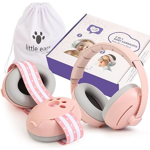 Baby Ear Muffs Noise Protection, 2-In-1 Baby Noise Cancelling Headphones for 0-48 Months Infants Toddlers, Travel Essentials for Airplane Fireworks Sleeping Pink