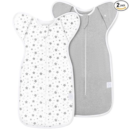 2-Pack Baby Swaddle Sleep Sack 3-6 Months - Arms Up Transitional Swaddles with Removable Cuffs & 2-Way Zipper, Gray Stars Design, Breathable Cotton Newborn Sack