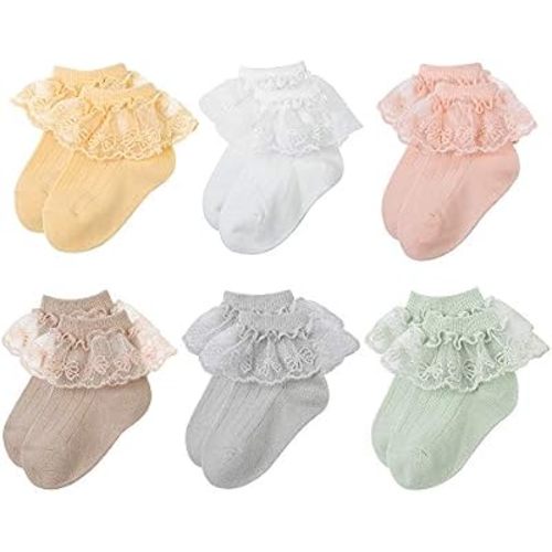 6 Pairs Baby Girls Socks - Newborn Ruffle Lace Princess Frilly Knit Cotton Socks