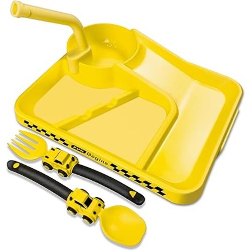 Construction Toddler Plates - Toddler Eating Utensil Set with Removable Straw - Easter Gifts - Baby Plates Feeding Set - for Stocking Stuffers and Birthday Gifts - Yellow