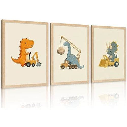 Cartoon Dinosaur Nursery Wall Art Set of 3, Funny Construction Vehicle Canvas Poster Prints, Cute Dino Picture Wall Decor, for Playroom Toddler Room Boys Bedroom