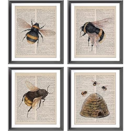 Farmhouse Honey Bee Bumble Bee Beehive Poster Prints for Home Kitchen Bedroom Living Room Porch Nursery Classroom Decor,Honey Bee Dictionary Art Decorations Prints Wall Art Unframed 4pcs 8x10inches