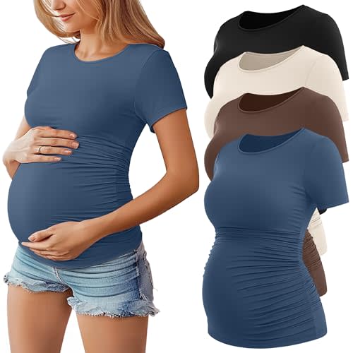 Huukeay 4 Pack Women's Maternity Shirts, Crew Neck Maternity Top Short Sleeve Casual Cotton Tee Side Ruched Pregnancy Clothes