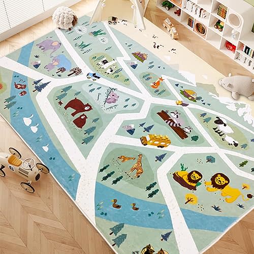 Kids Play Mat Zoo Animal Car Road Rug 8Ft Large Classroom Rug Playroom Classroom Carpet Adventure Area Rug for Boys Girls Children Educational Mat for Bedroom Nursery Decor, 5x8Ft, Green