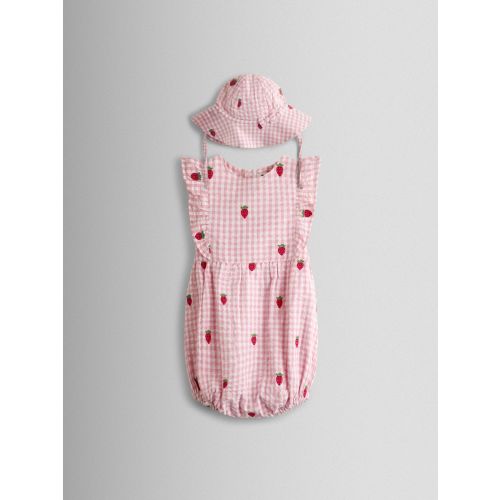 Pink Strawberry Embroidered Frill Romper & Hat Set