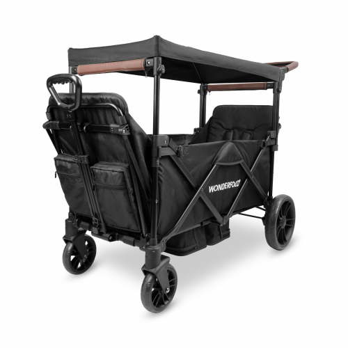 WONDERFOLD X2R Rev Stroller Wagon (2 Seater) - Collapsible Stroller Wagon with 5-Point Seatbelt Harnesses, Reclining Seats & Footwells, Black