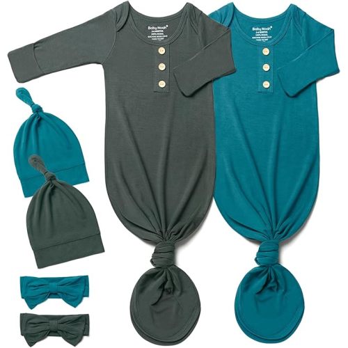 Baby Noah Newborn Knotted Gown Set with Hat and Headband, Soft Tie Bottom Newborn Sleepers for Baby Girl Boy (2 Packs)