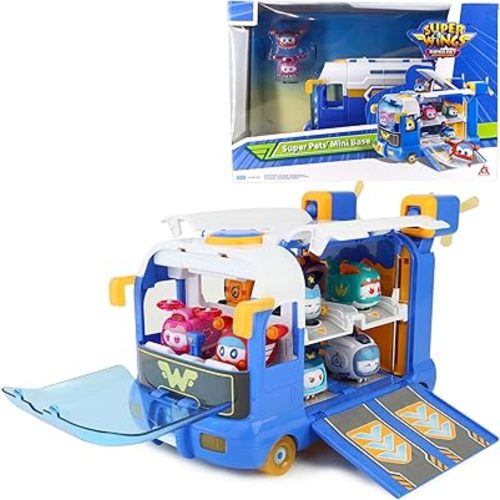 Super Wings Season 7 New Super Pets' Mini Base,Transforming Playset from Bus to Aircraft, with Super Pet Jett & Dizzy, Role Play Toys for Kids, Gifts for Girls Boys Age 3+