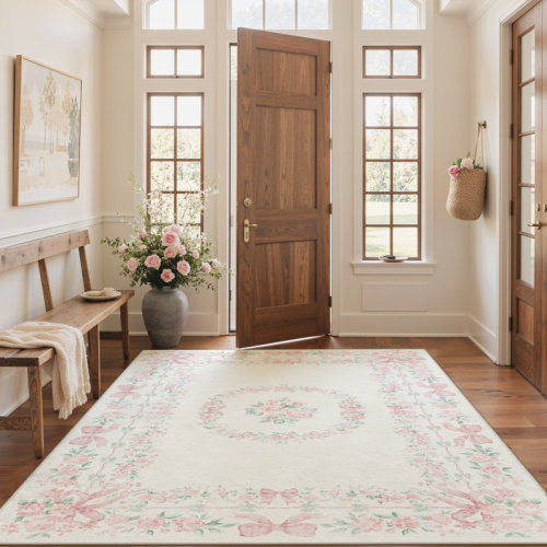 Astoria Grand Atascadero Romantic Vintage Floral & Bow Border Area Rug, Machine Washable, Inspired Faux Wool - High-Rebound Foam & Non-Slip Backing & Reviews | Wayfair