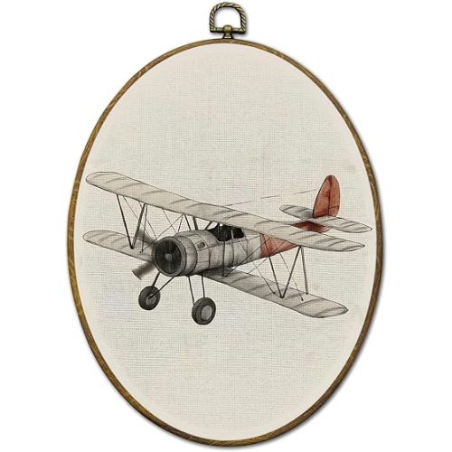 QZQE Vintage Airplane Nursery Oval Wall Art Decor Framed, Kids Room Oval Canvas Prints, Classic Retro Aviation Plane Wall Hanging Decor for Kids Boy Nursery Room Bedroom Playroom, 8.6x11.4 Inch