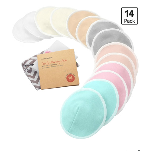 Organic Nursing Pads, 14 Washable Breast Pads,Wash Bag (Pastel Touch, L 5")