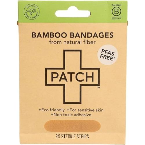 PATCH Natural Eco-Friendly Bamboo Adhesive Sensitive Skin Bandages, Hypoallergenic Bandages for Sensitive Skin, Compostable, Biodegradable, Latex Free and Plastic Free, 20pk