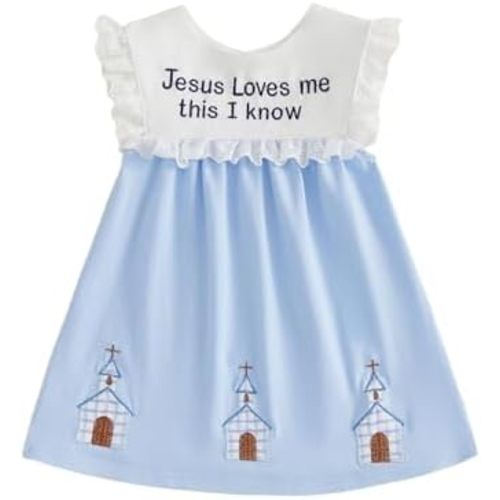 KMBANGI Toddler Baby Girl Christian Outfit Jesus Loves Me Dress Ruffle Sleeveless Smocked Dresses Baptism Outfit Princess