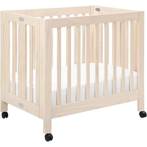 Babyletto Origami Mini Portable Crib Folding with Wheels in Washed Natural, 2 Adjustable Mattress Positions, Greenguard Gold Certified