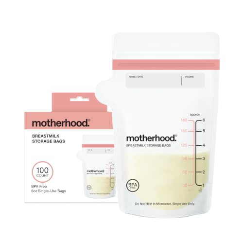 Motherhood Maternity Breastmilk Storage Bags, 6 oz, 100 Count – Leak Proof Breast Milk Freezer Storage Bags, Pre-Sterilized & BPA Free, Self-Standing & Flat Lay