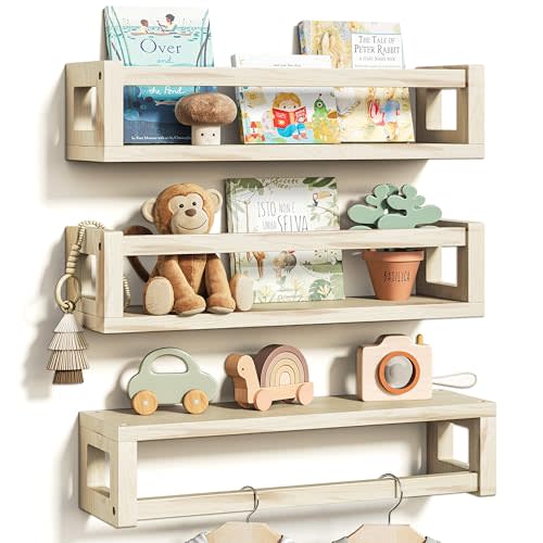TidyCorner Sturdy Floating Shelves – Set of 3 Wall Bookshelves and Nursery Floating Shelves for Books, Toys, Kitchen, Bathroom, and Home Decor – Natural Poplar