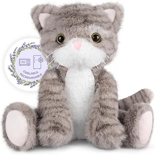 Heatable & Coolable Grey Cat Stuffed Animal, Cat Heating Pad Microwavable for Soothing & Relaxation, Lavender Scented Cat Plush Toy for Stress Relief, Stuffed Cat Toys for Kids