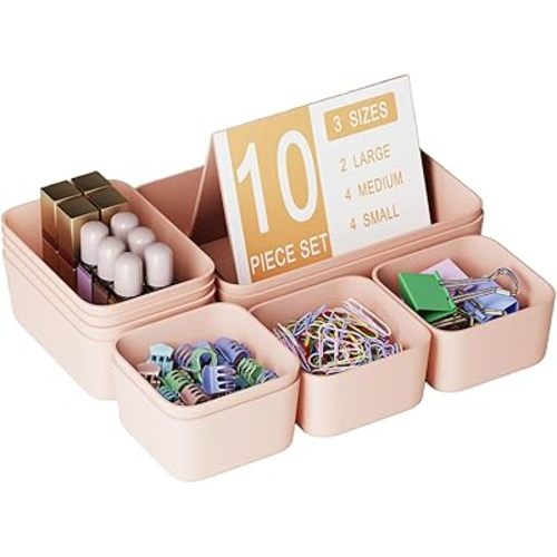 Plastic Drawer Organizers, 10 PCS Drawer Organizer Bins, Bathroom and Vanity Organizer Plastic Tray, Makeup organizer and storage for Makeup, Bedroom, Kitchen Gadgets Utensils and Office (Pink)