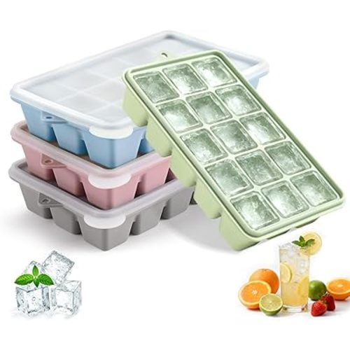 Silicone Ice Cube Trays with Lid, Set of 4, Easy Release Ice Molds, Reusable and Stackable Ice Trays for Freezer for Cocktail, Whiskey, Baby Food, BPA Free (multicolour)