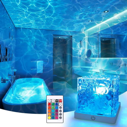 Recharable Shower Light No Wiring, 16 Color Chanable Ocean Wave Projector Light, Dimmable Waterproof Lamp with Remote, Rotating Flame Water Ripple for Shower, Bathroom, Bedroom Decor