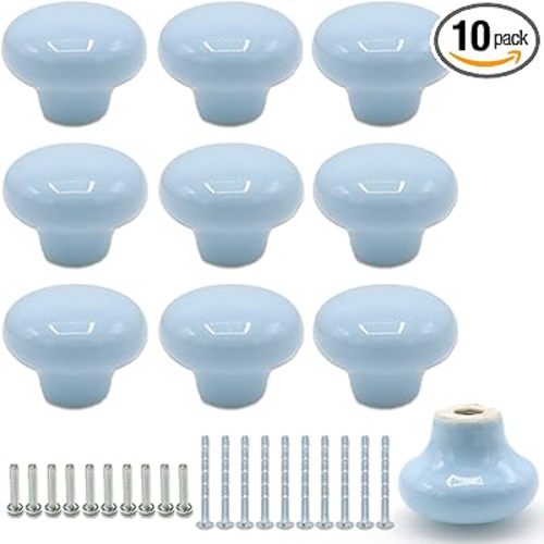 10Pack Ceramic Cabinet Knobs, 1.26Inch/32mm Sky Blue Round Drawer Dresser Knob Pulls Handle with Screws, for Kitchen Cupboards, Wardrobes, Children's Rooms, Bedroom Furniture & Office Desks