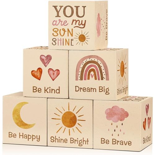 6 Pcs 1.6 Inch Inspirational Boho Rainbow Nursery Decor Baby Wooden Sun Clouds Rainbow Decor Wood Blocks Boho Rainbow Centerpiece Watercolor Shelf Decor for Nursery Bedroom Playroom Decor