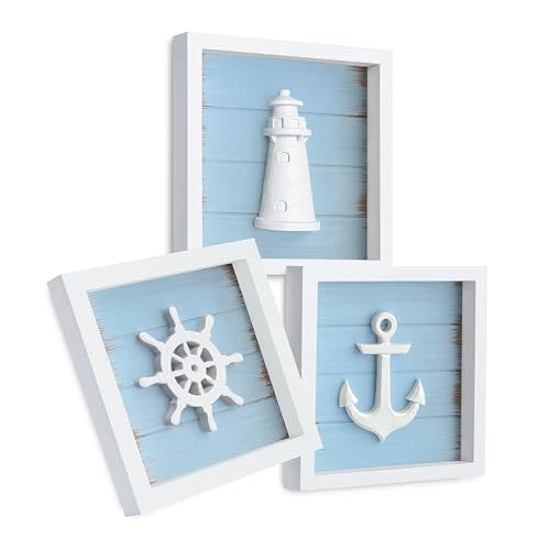 Tide and Tales Nautical Wall Decor (Framed Set of 3) with Anchor, Lighthouse & Ship Wheel, 3D Coastal Beach Decor Wall Art for Bathroom or Bedroom – Ocean Themed Nautical Decoration for Home (7"x7")