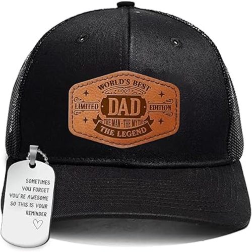 Worlds Best Dad Hat, Leather Patch Trucker Hat for Men, for Dad from Daughter Son Wife, Papa Birthday, Adjustable Mesh Baseball Cap with Keychain Black
