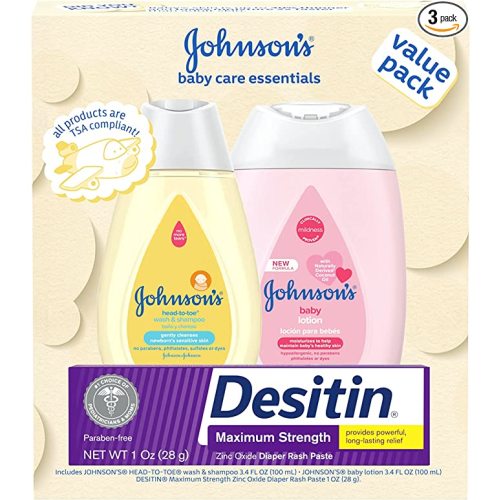 Johnson's Baby Care Essentials Gift Set, Baby Skincare Set with Body Wash & Shampoo, Body Lotion, & Zinc Oxide Diaper Rash Paste for Baby's Delicate Skin, Value Pack, Travel-Size, 3 items - Welcome Baby Travel Gift Set