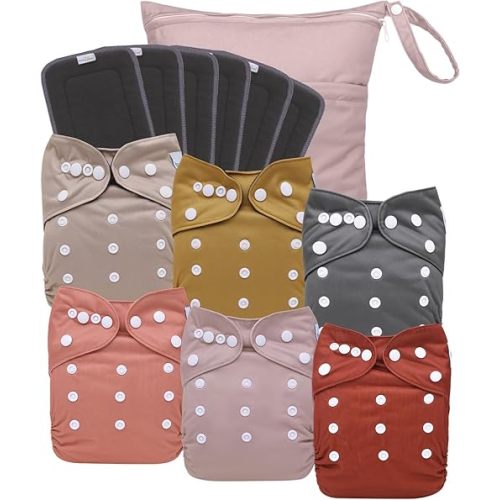 babygoal Reusable Charcoal Cloth Diapers with Double Gussets, 6 Pack Washable Baby Pocket Diapers with 6pcs Charcoal Inserts and Wet Dry Bag(Neutral Color)