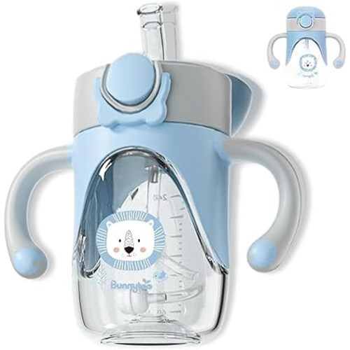 Bunnytoo Baby Sippy Cup with Weighted Straw for Infants 6-12 Months, 8oz Toddler Drinking with Handles, BPA-Free, Transition Trainer for 1+ Year Old (Blue)