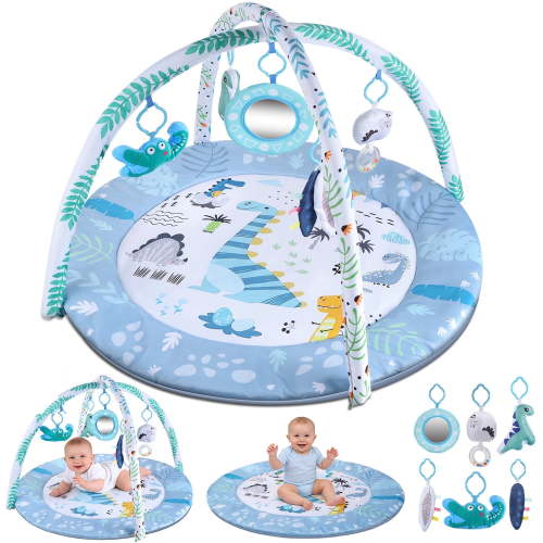 JoyStone Baby Gym Play Mat Activity Mat with 6 Detachable Toys, Round Tummy Time Play Mat for Newborns & Infants 0–12 Months