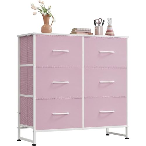 WLIVE Pink Fabric Dresser for Bedroom, 6 Drawer Dressers, Chest of Drawers