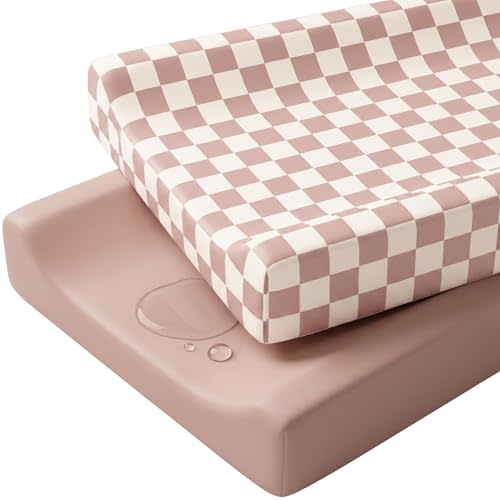 Konssy Waterproof Changing Pad Covers 2 Pack, PU-Coated Wipeable Diaper Changing Table Sheets for Baby Girls Boys, Boho Nursery Gift Set, Fits Standard 16x32 inches (Rosy Check)