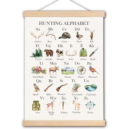 pouep Hunting Alphabet Nursery Wall Art Poster, Hunting Nursery Decor, Forest Animal ABC Alphabet Educational Canvas Prints Wall Decor for Kids Baby Toddler Boys Room Dorm, 12x16 Inches