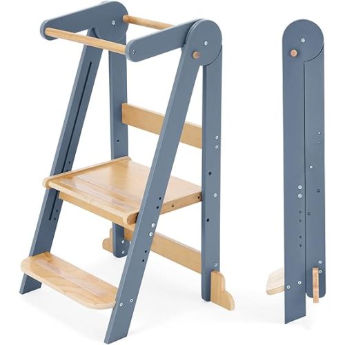 Nordi Foldable Toddler Kitchen Tower, Montessori Kitchen Stools Helper, Standing Tower with 3 Adjustable Heights, Suitable Age for 2-6 Years, Grey