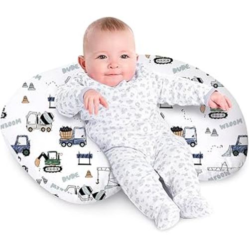 Little Grape Land Nursing Pillow for Infants, Breastfeeding Pillows, Baby Support Pillow for Nursing, Bottle Feeding, Tummy Time with Machine Washable Cover & Breathable Filling, Construction Truck