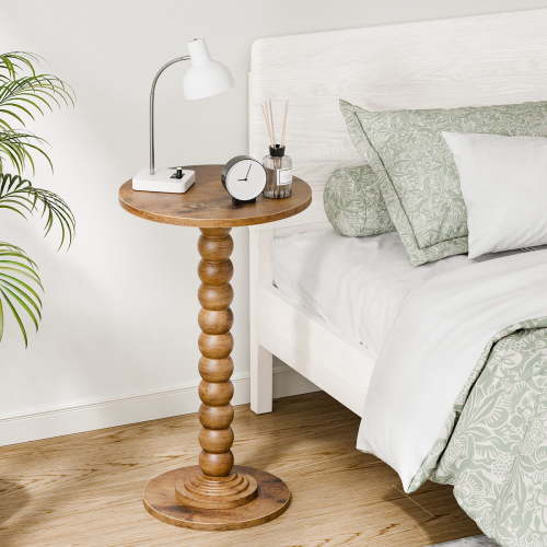 CONCETTA Modern Round Side Table, Accent End Table with Solid Wood Spindle, Small Drink Table for Living Room, Bedroom, Couch, Office, Brown