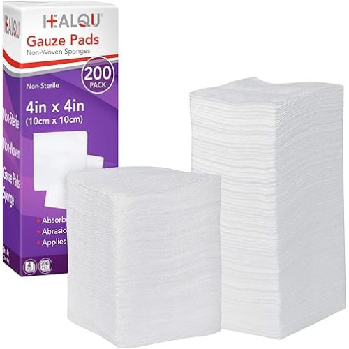 HEALQU 4x4 Gauze Pads - Bag of 200-4-Ply, Non-Woven Surgical Sponges - Super Absorbent Medical Gauze Sponges for Wound Dressing, Debridement, Cleaning, Prepping