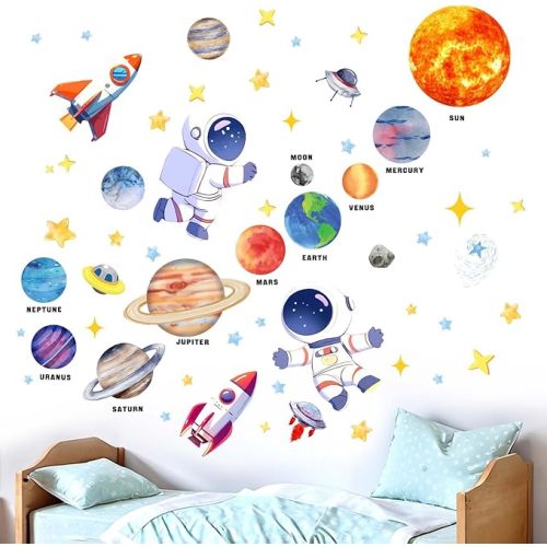 Astronaut Wall Decals - Outer Space Planets Rocket Boys Wall Stickers - Baby Nursery Kids Room Daycare Playroom Wall Decor