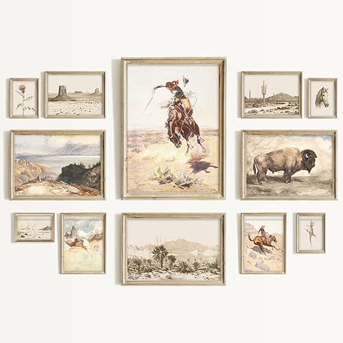 Aroutde Western Cowboy Canvas Wall Art Set, Vintage Western Print Cowboy Rodeo, Desert Landscape, Bison Farmhouse Picture, Rustic Southwest Wall Decor for Bedroom Eclectic Home Bathroom Deccorations 12Pcs (Unframed)