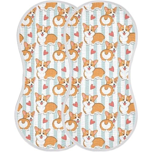 Muslin Baby Burp Cloths, Puppy Corgi Dogs Stripes Muslin Washcloths Baby Rags Comfy Soft Absorbent in for Newborn Boys and Girls 2 Piece 22 x 11 Inch