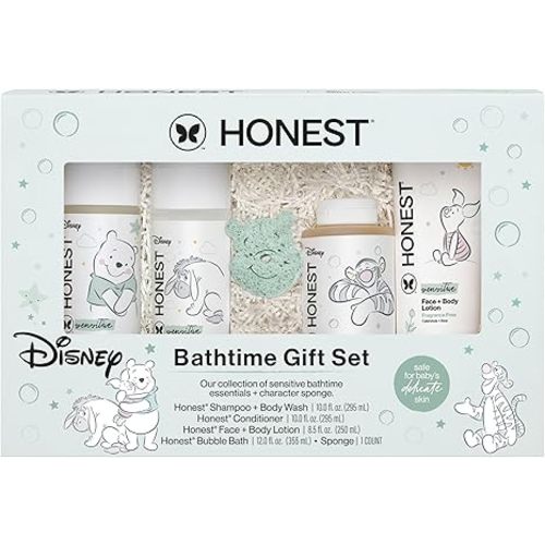 The Honest Company Fragrance-Free Bathtime Gift Set, Disney Design, Hypoallergenic, Bath Essentials for Sensitive Skin, Shampoo and Body Wash, Face Lotion, Bubble Bath, Conditioner, Sponge