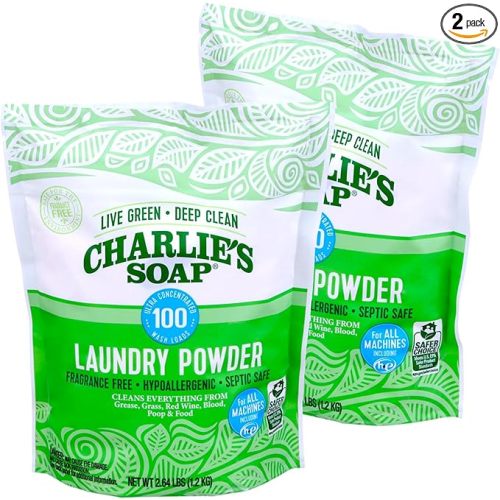 Charlie’s Soap Laundry Powder (100 Loads, 2 Pack) Hypoallergenic Deep Cleaning Washing Powder Detergent – Eco-Friendly, Safe, and Effective