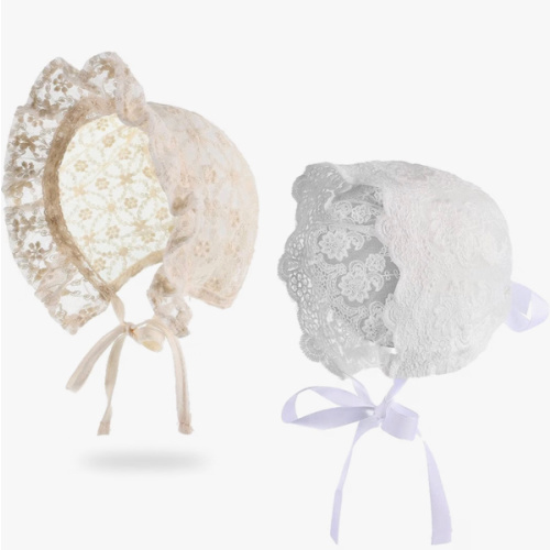 Unittype 2 Pieces Baby Girl Lacy Bonnet Eyelet Lace Christening Bonnet Cap Toddlers Beanie Breathable Sun Protection Hat White,40- 44cm 16.5-17.3 inches in head circumference