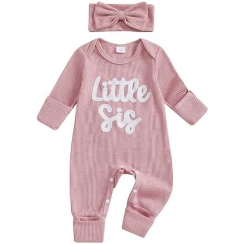 Newborn Baby Girl Clothes Little Sister Romper Waffle Stripe Jumpsuit And Headband Coming Home From Hospital Outfit